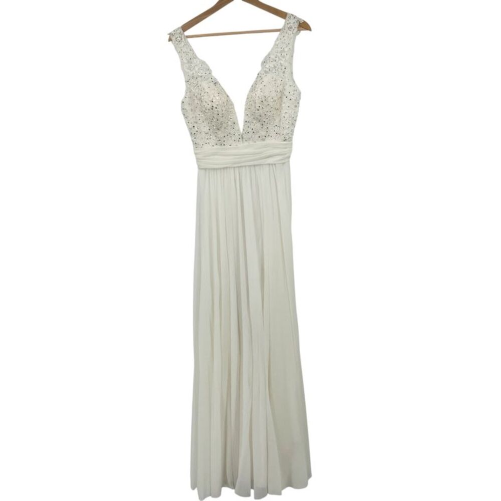 Jovani Women Lace Beaded Illusion Chiffon Formal Evening Gown White 6